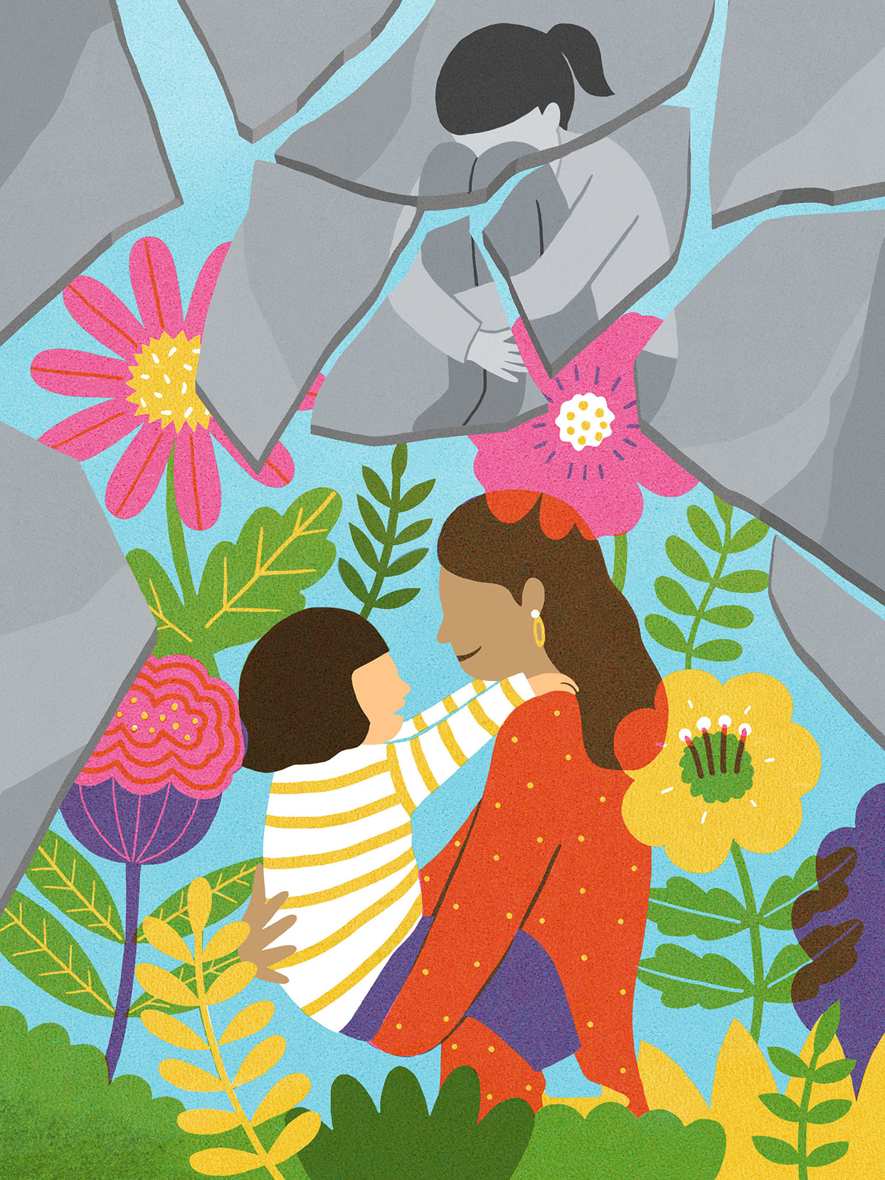 colorful collage illustration of mother holding daughter, floral elements, and grayscale broken family representation