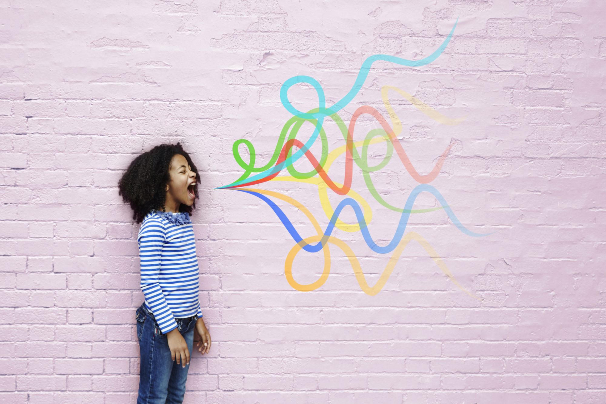 girl shouting against white brick wall with colorful swirls illustration coming out of her mouth