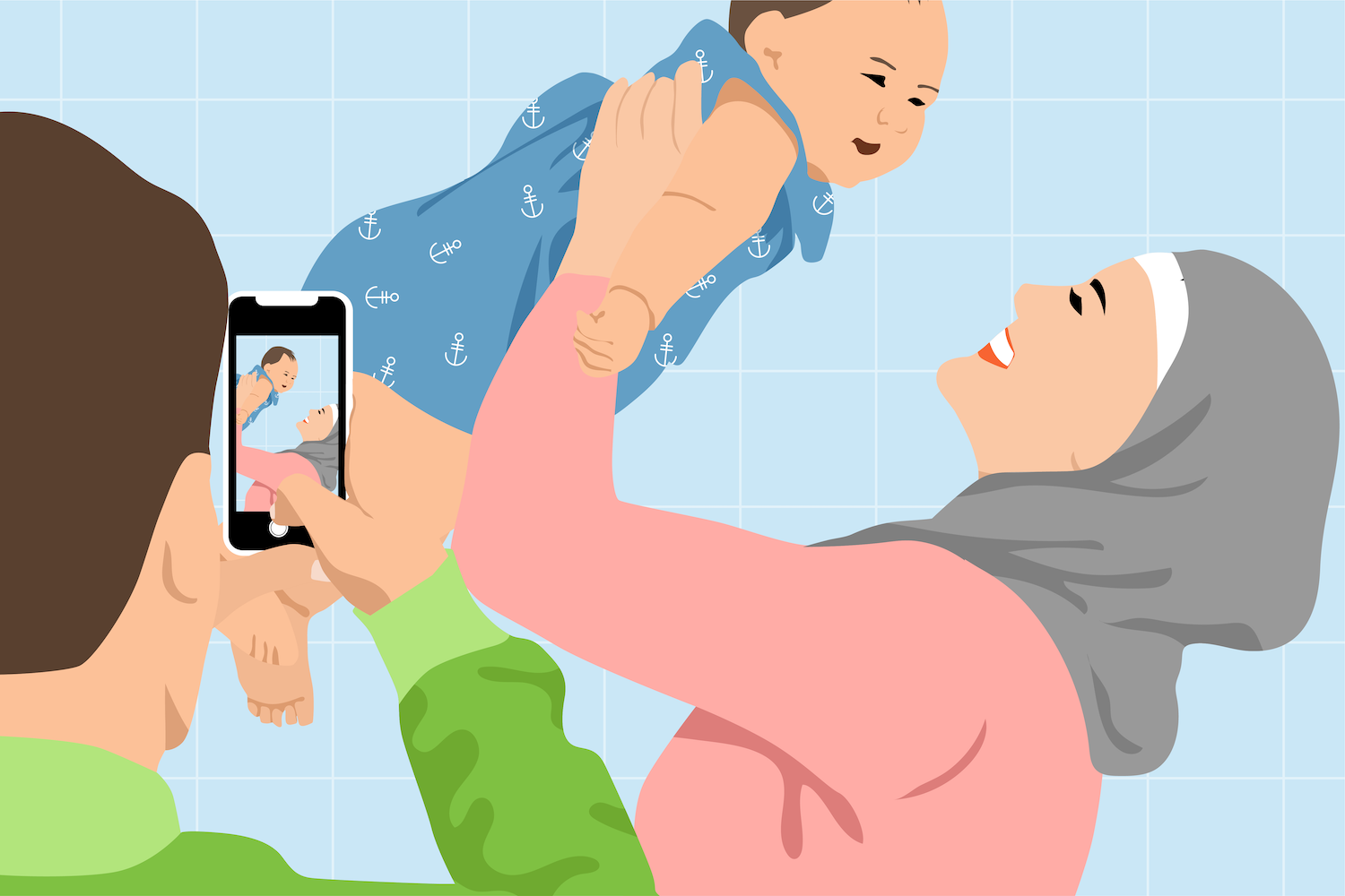 A mom taking a photo with her baby illustration