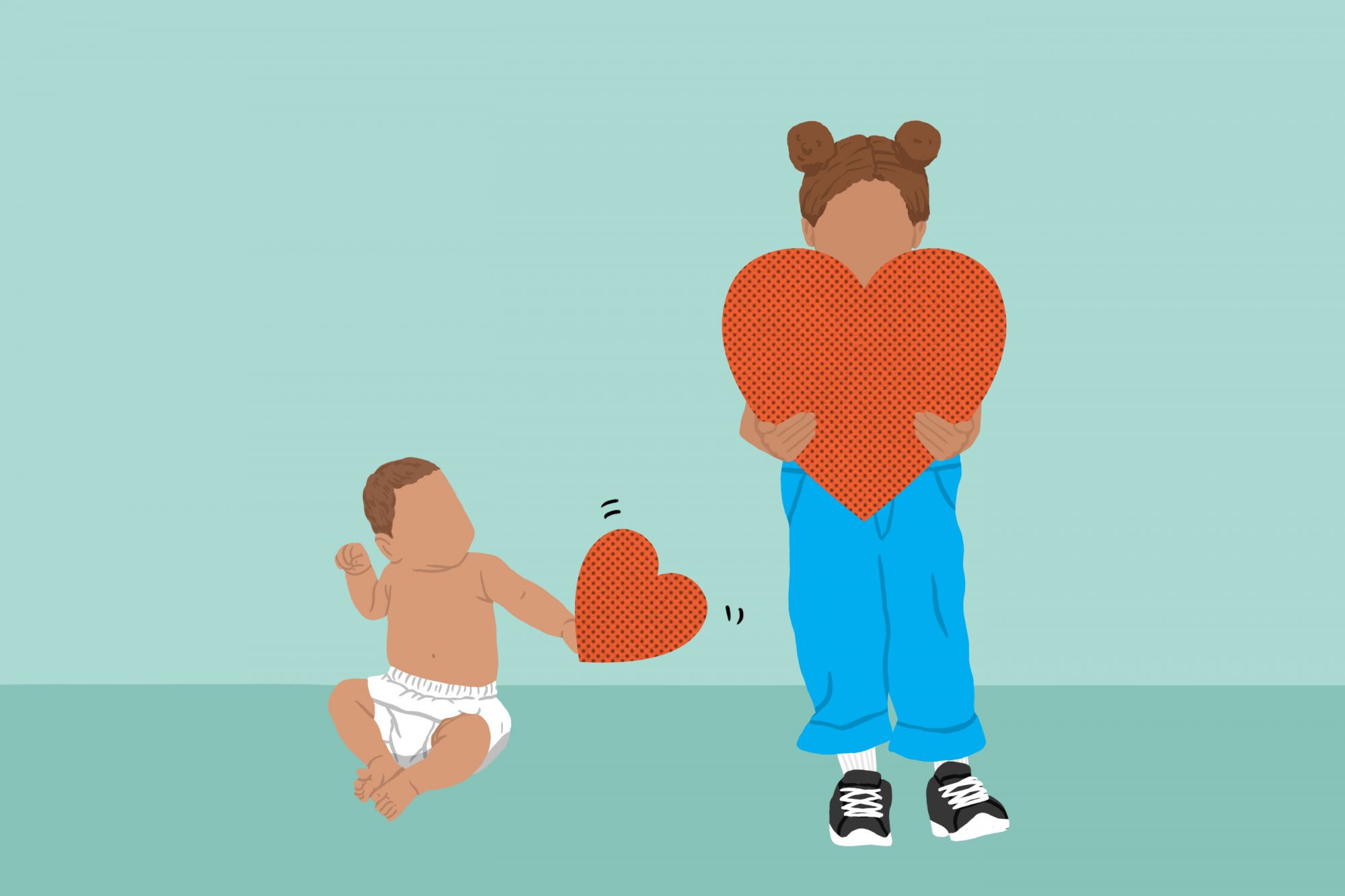 Illustration of two children holding hearts