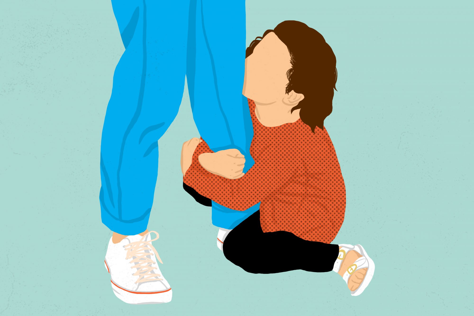 Illustration of girl clinging to mom's leg