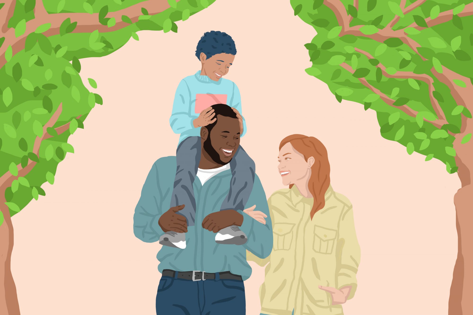 illustration of biracial child atop his father's shoulders while walking with mom