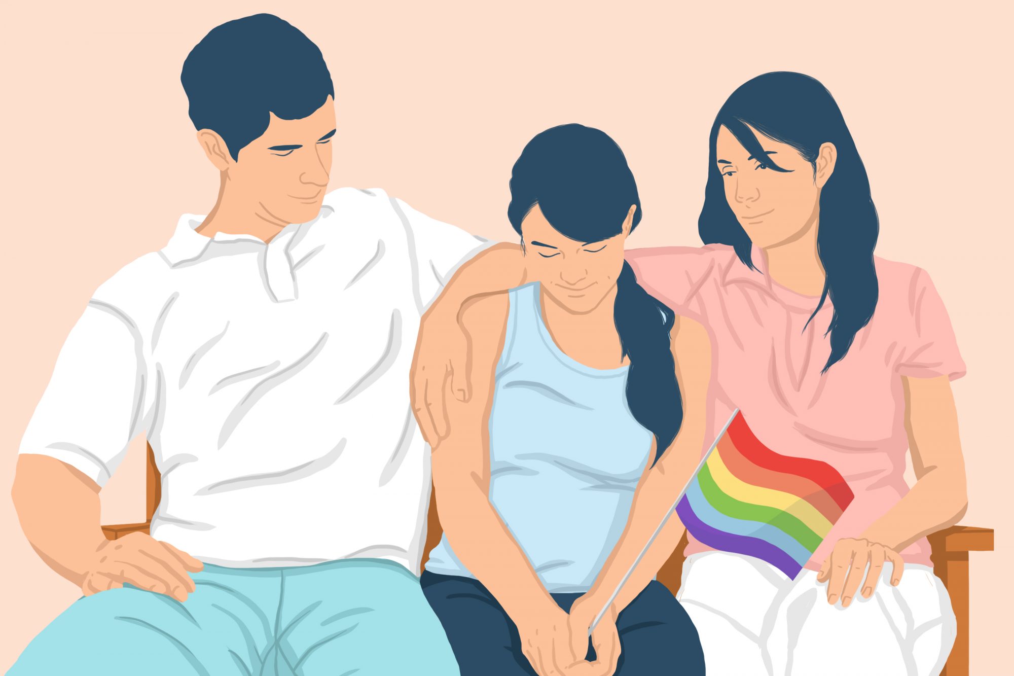 illustration of teen sitting between supportive parents, holding rainbow flag