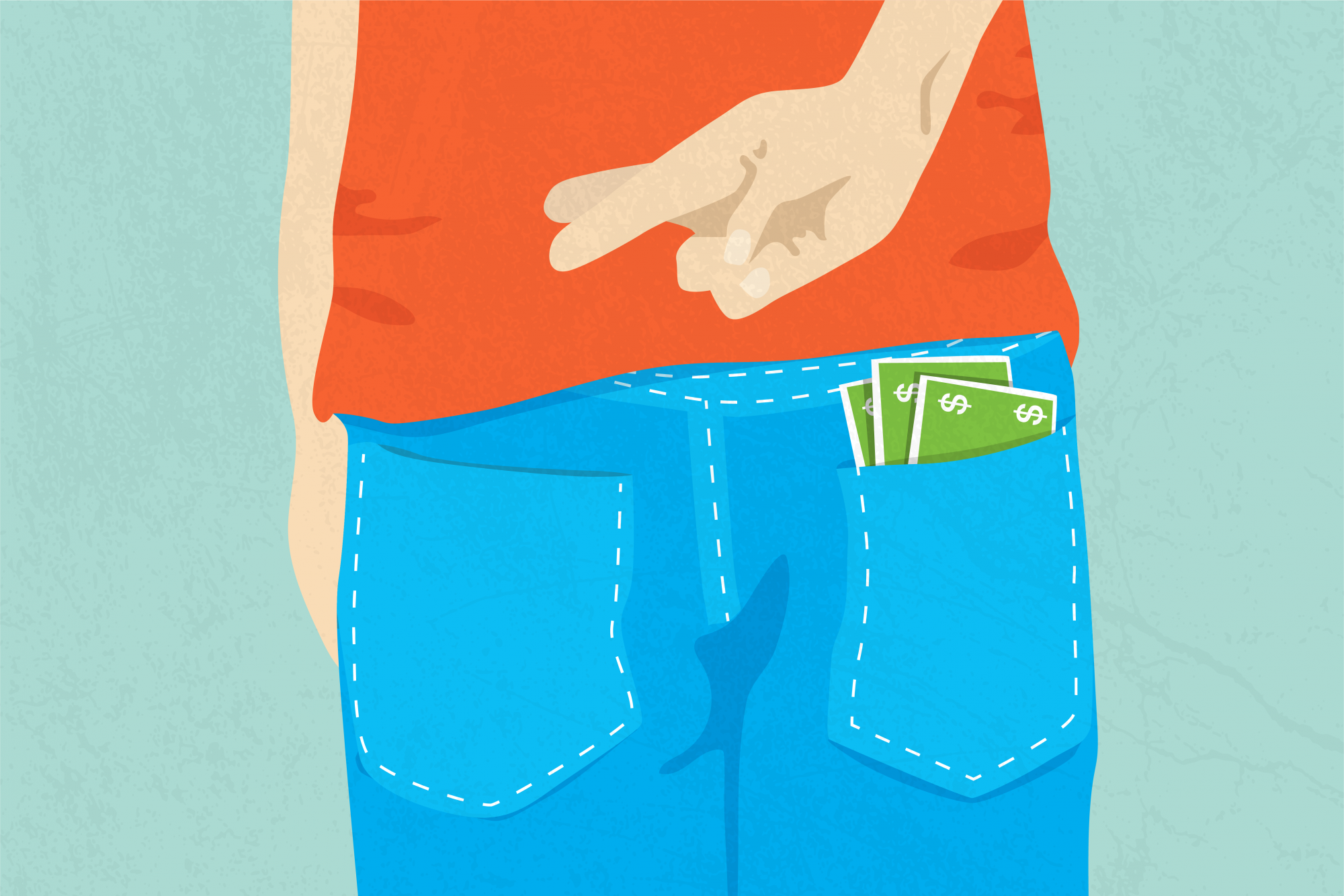 illustration of child with fingers crossed behind back and money sticking out of pocket