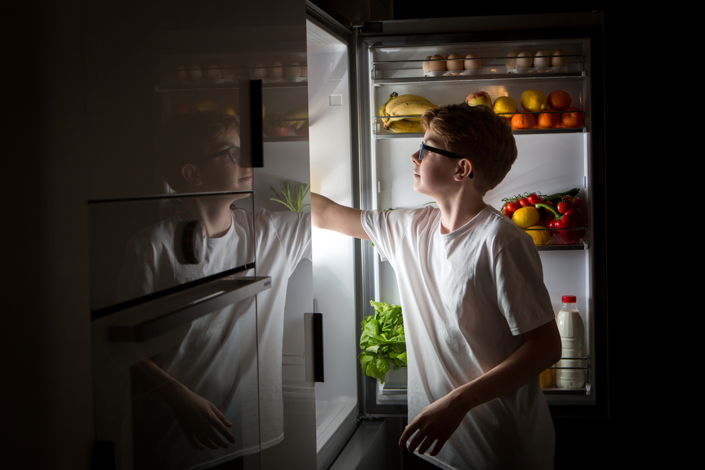 boy looking for midnight snack in the fridge