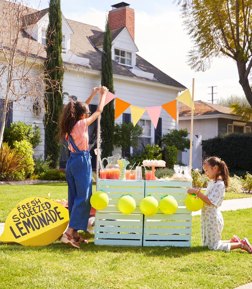 Young Girls Setting Up Fresh Lemonade Stand Outside