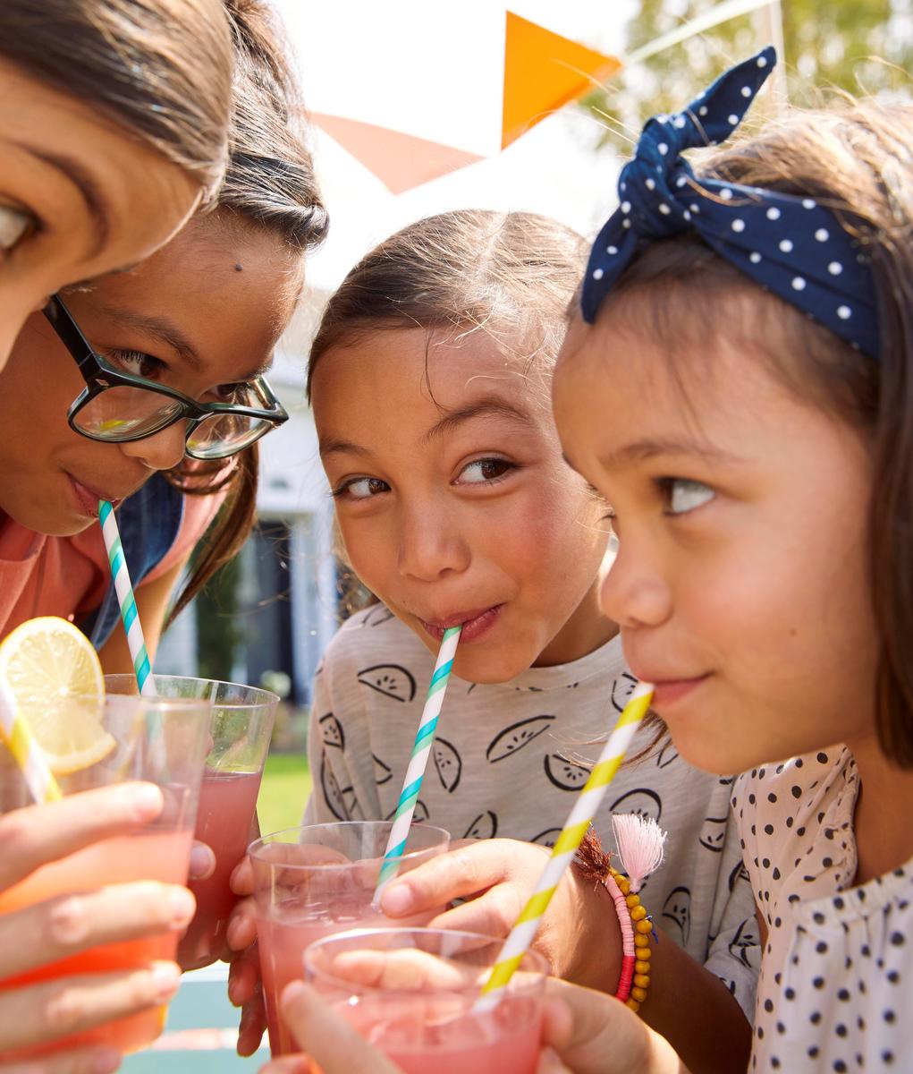 Kids Young Girls Drinking Lemonade Watermelon Flavor From Straw