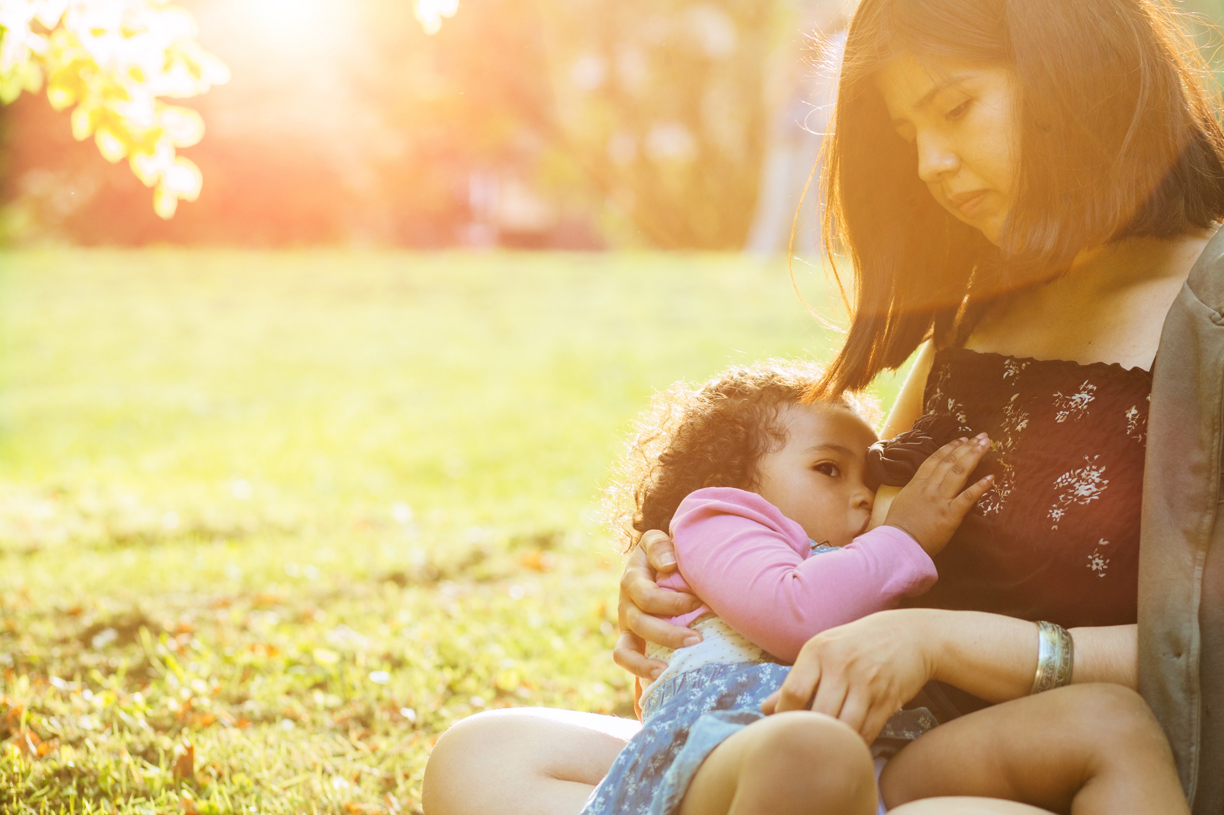 Mother Breastfeeding Daughter Sitting in Grass Outside Sunlight